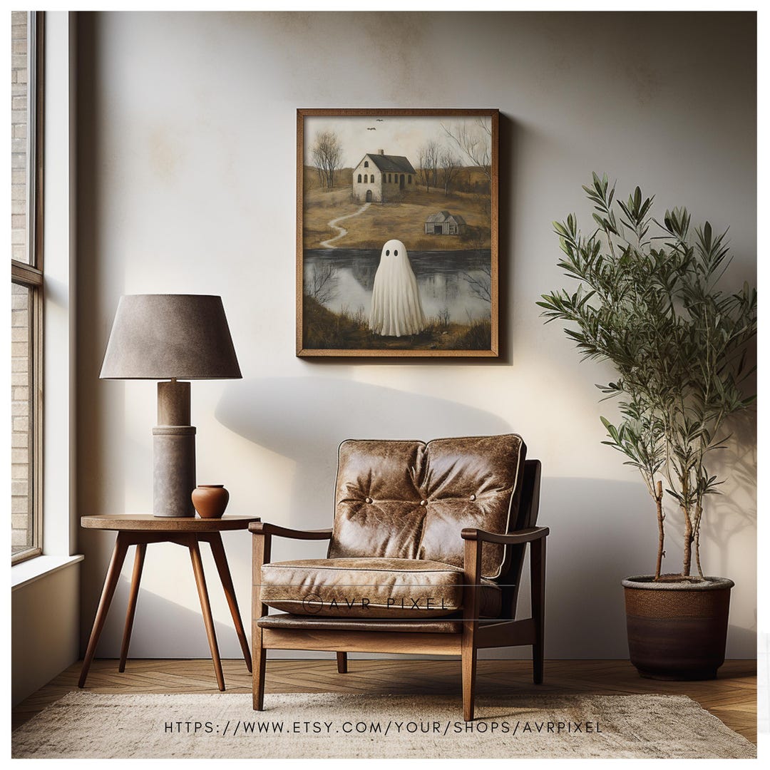 Spooky Ghost Cottage Print: Misty Halloween Landscape view 2