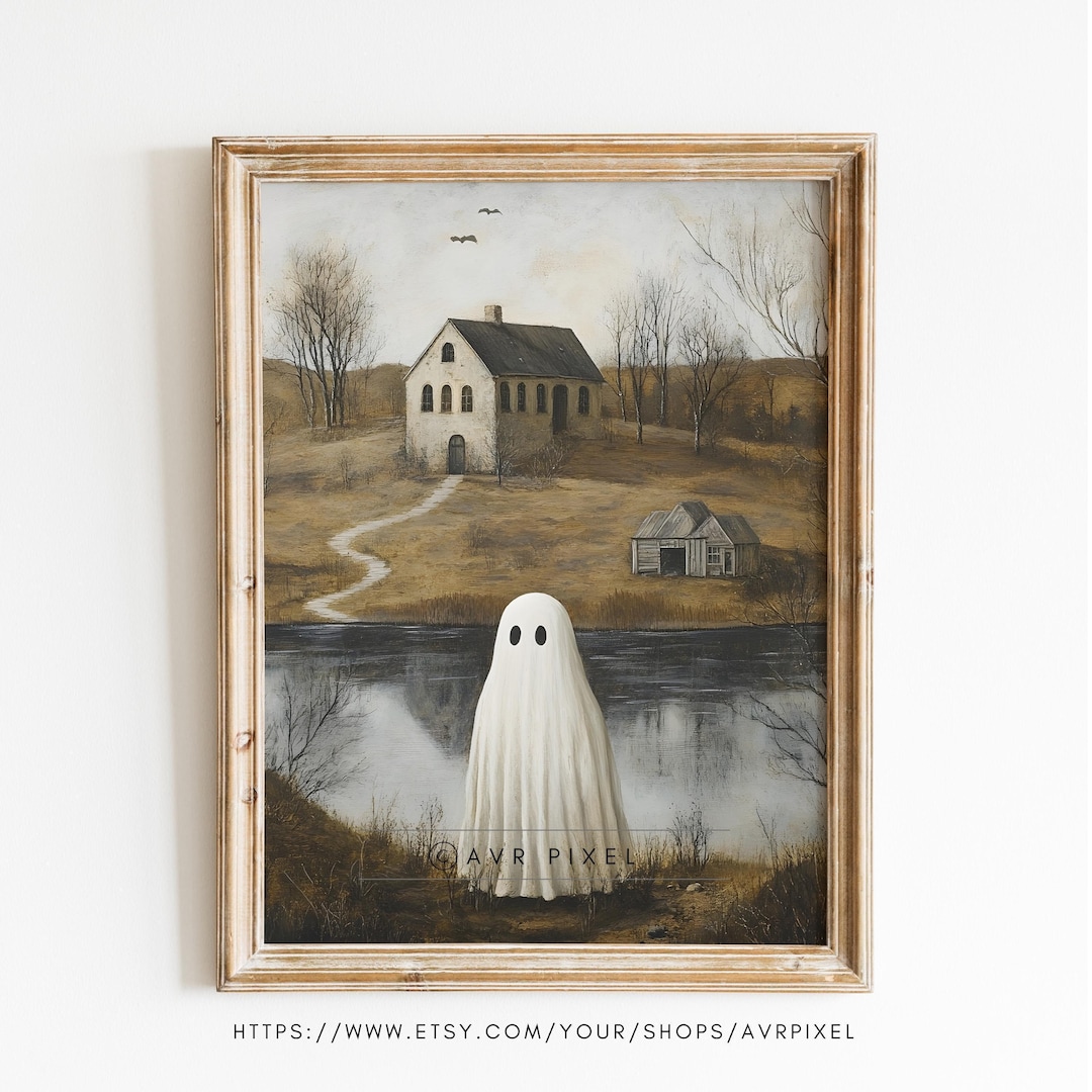 Spooky Ghost Cottage Print: Misty Halloween Landscape