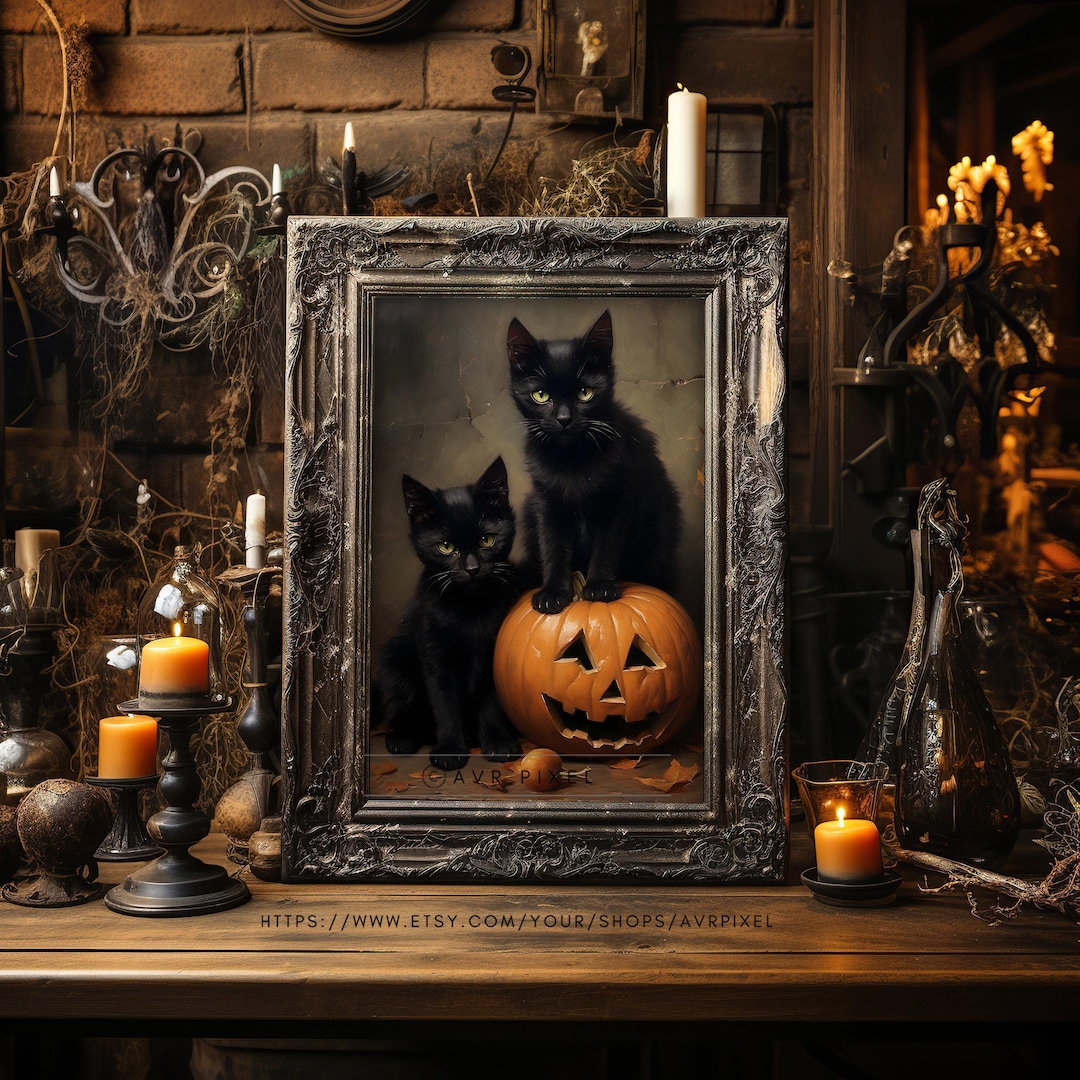 Cozy Halloween Print, Black Cat & Pumpkin view 3