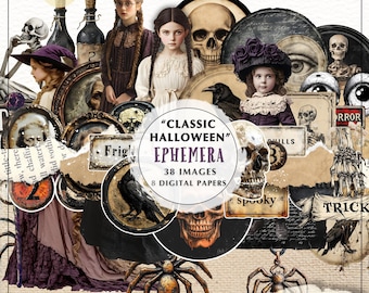 Gothic Halloween Junk Journal Kit | Vintage Ephemera, Spooky Pages (Digital Download)