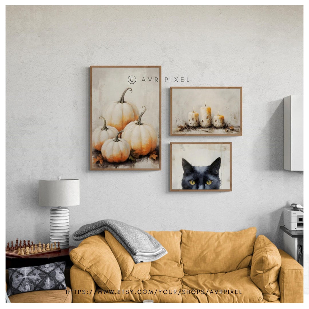 Vintage Halloween Wall Art Set: Cat, Pumpkin & Candles view 3