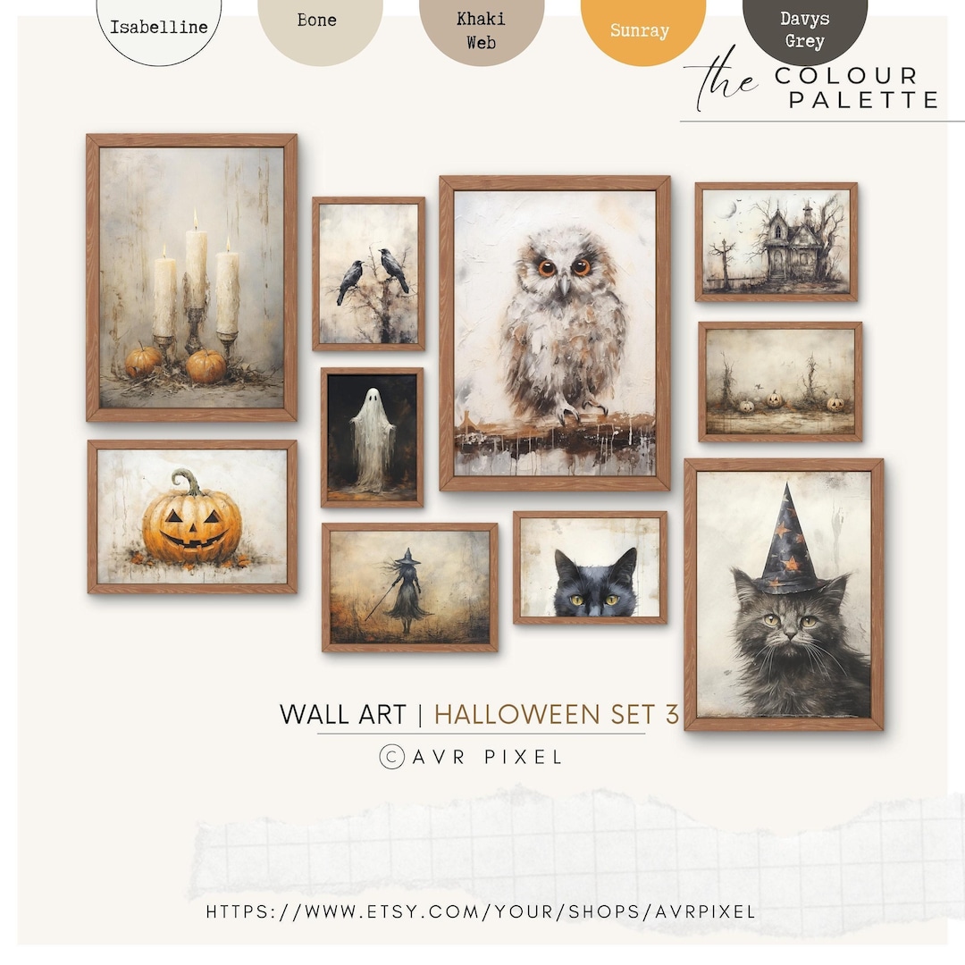 Vintage Halloween Wall Art Set: Muted Neutral Digital Prints