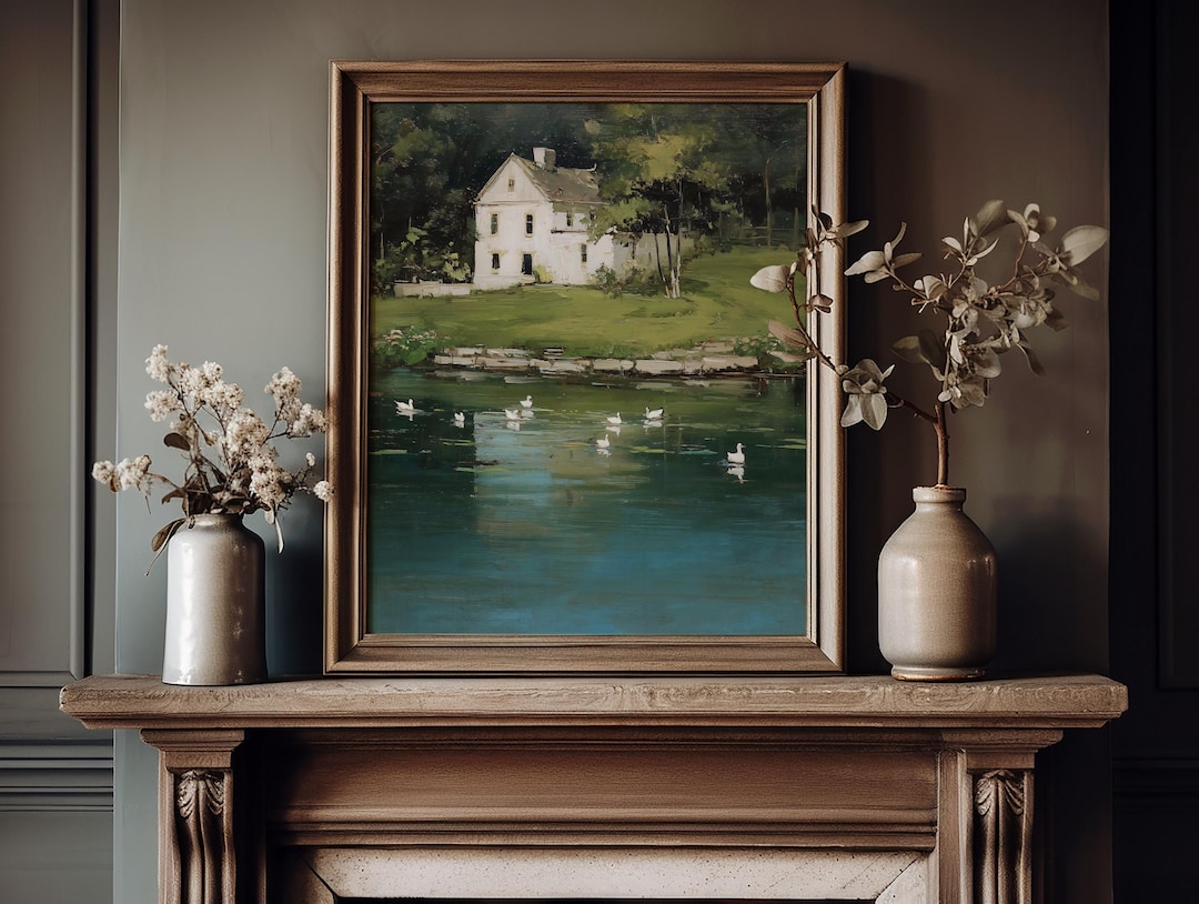 Vintage Lakeside House Painting view 5