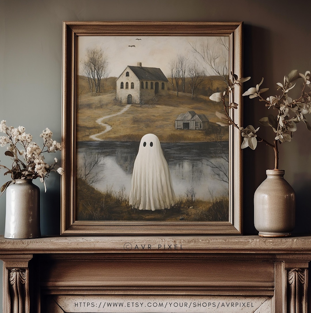 Spooky Ghost Cottage Print: Misty Halloween Landscape view 4