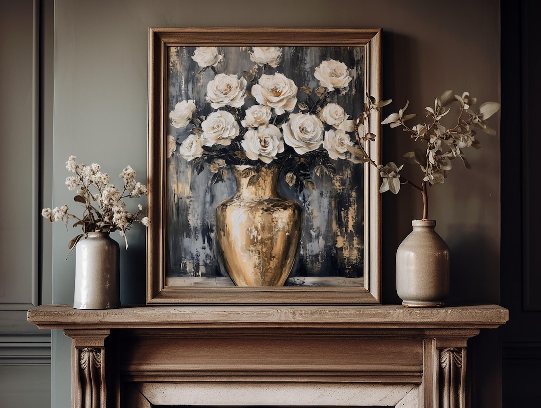 Vintage White Roses Gold Vase Painting view 5