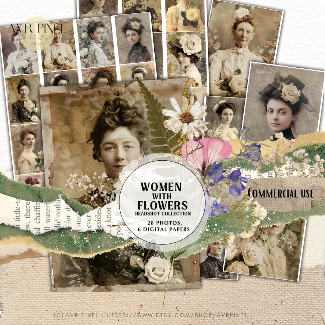 Vintage Women Headshots Ephemera: Floral Junk Journal Kit