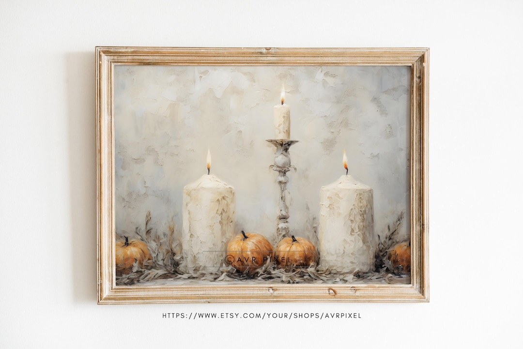 Cozy Fall Digital Print, Pumpkin and Candle, Rustic Neutral