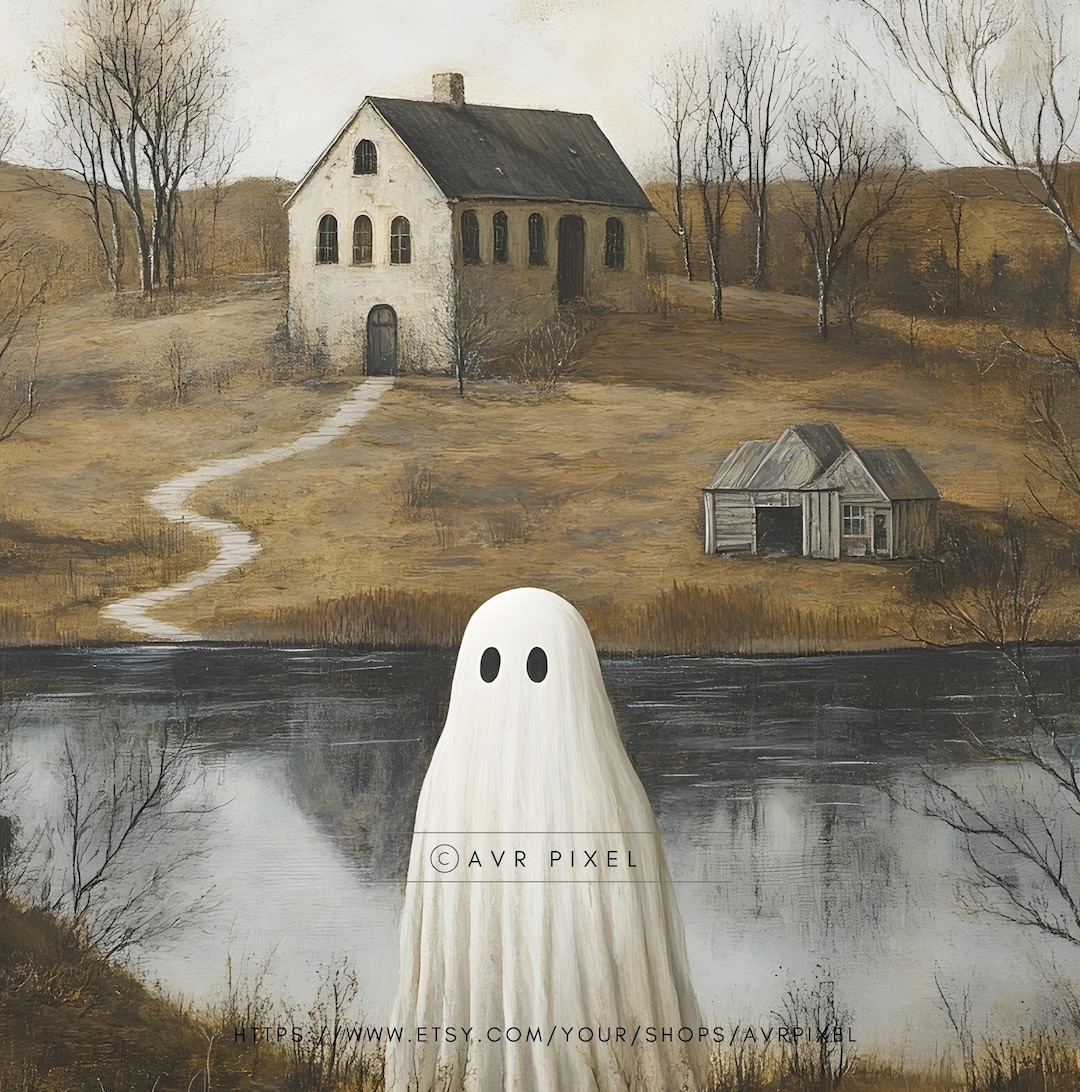 Spooky Ghost Cottage Print: Misty Halloween Landscape view 5