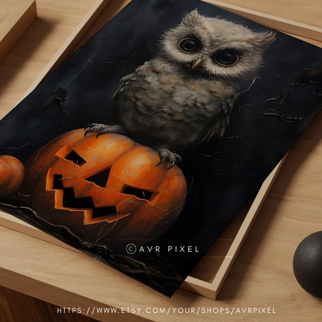 Whimsical Halloween Owl Print: Vintage Pumpkin Decor view 2