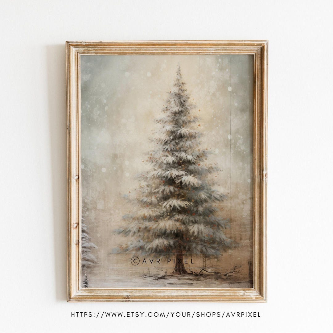 Vintage Farmhouse Christmas Tree Print: Rustic Holiday Art
