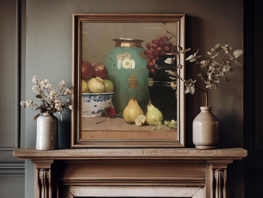 Vintage Pears Grapes Still Life Painting view 3
