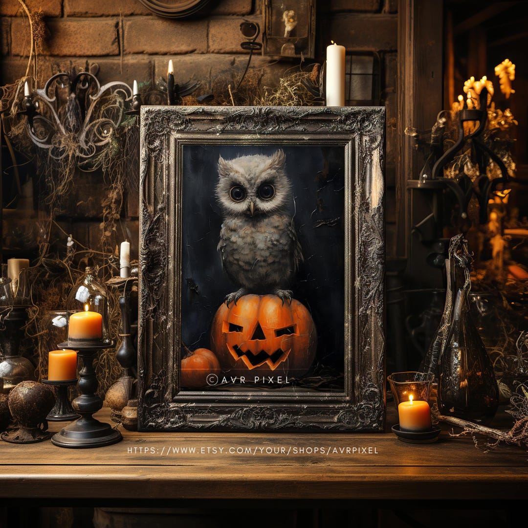 Whimsical Halloween Owl Print: Vintage Pumpkin Decor view 3