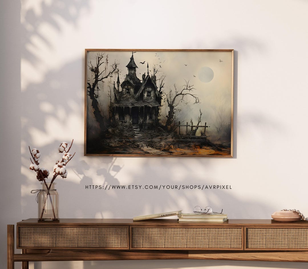 Whimsical Haunted House Print: Spooky Halloween Wall Art view 2