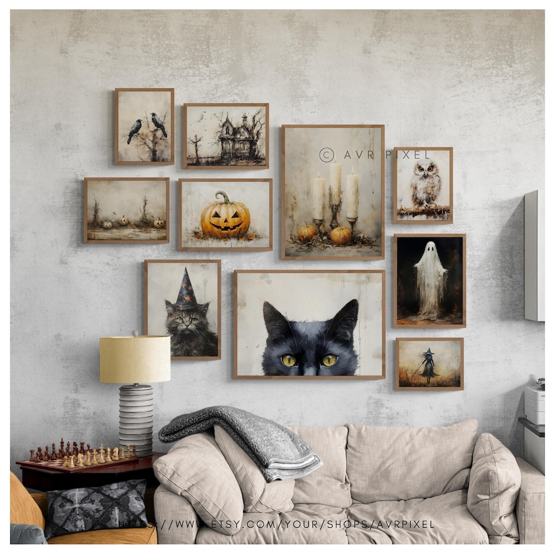 Vintage Halloween Wall Art Set: Muted Neutral Digital Prints view 2