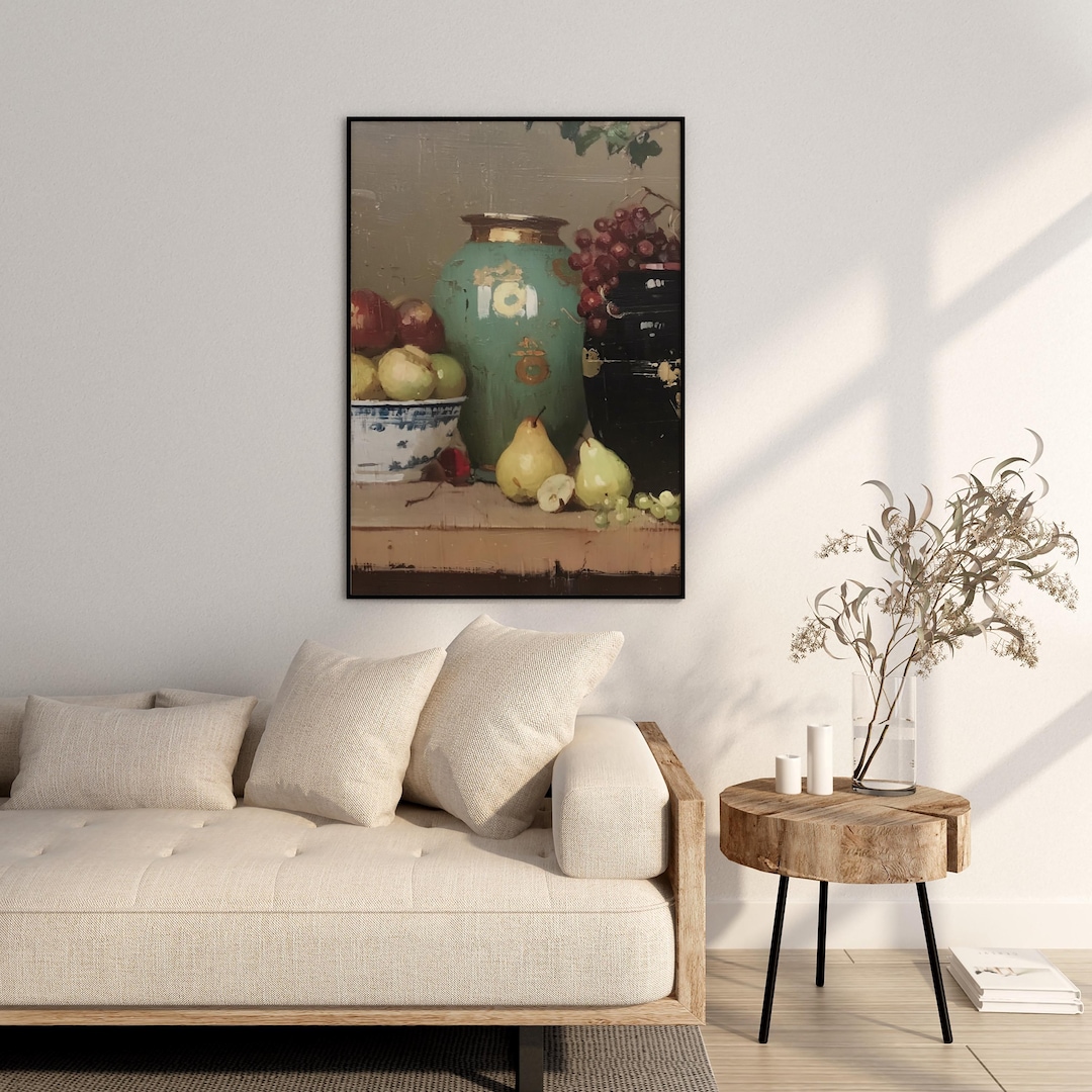 Vintage Pears Grapes Still Life Painting view 5
