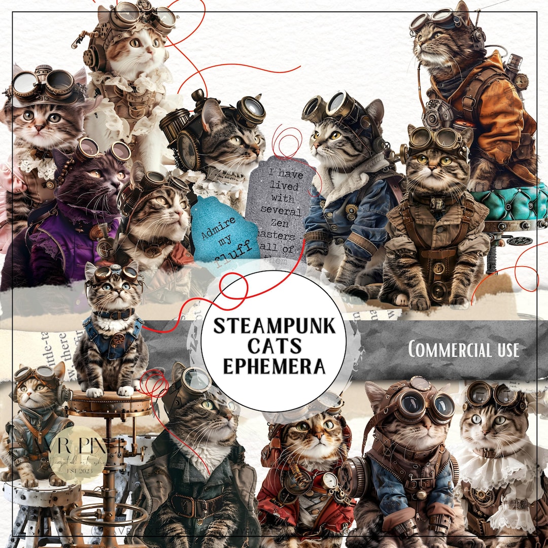 Steampunk Cats Clip Art | Victorian Junk Journal Ephemera Kit (PDF Download)