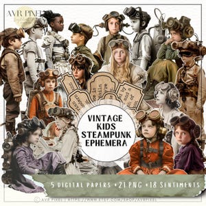 Vintage Steampunk Kids Ephemera Pack | Printable Junk Journals Victorian Children Clip Art