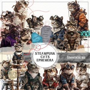 21 gatos steampunk vintage imprimibles/fanáticos de los engranajes/6 papeles digitales para diarios basura, scrapbooking y manualidades retro