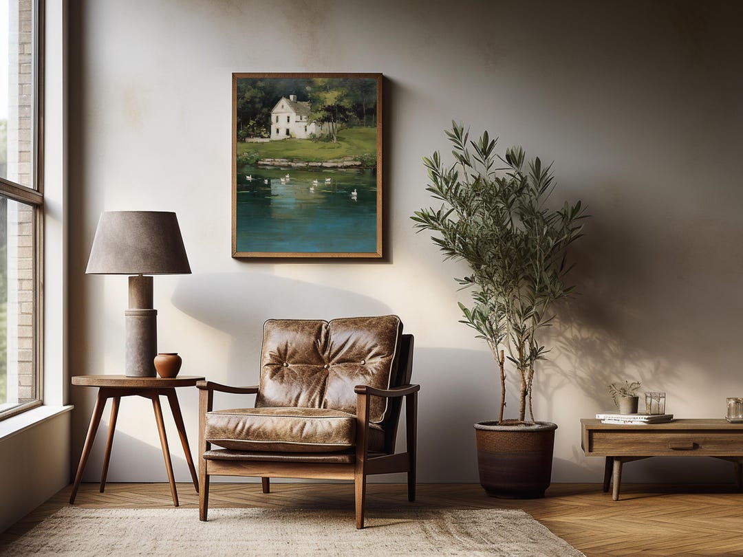 Vintage Lakeside House Painting view 4