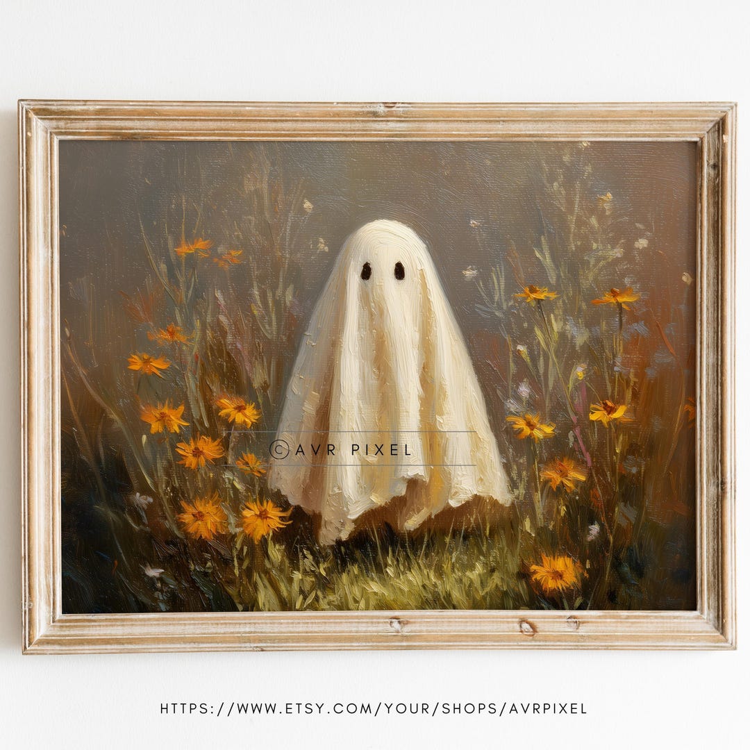 Ghost in Wildflower Meadow Art Print - Soft, Non-Scary Halloween Decor