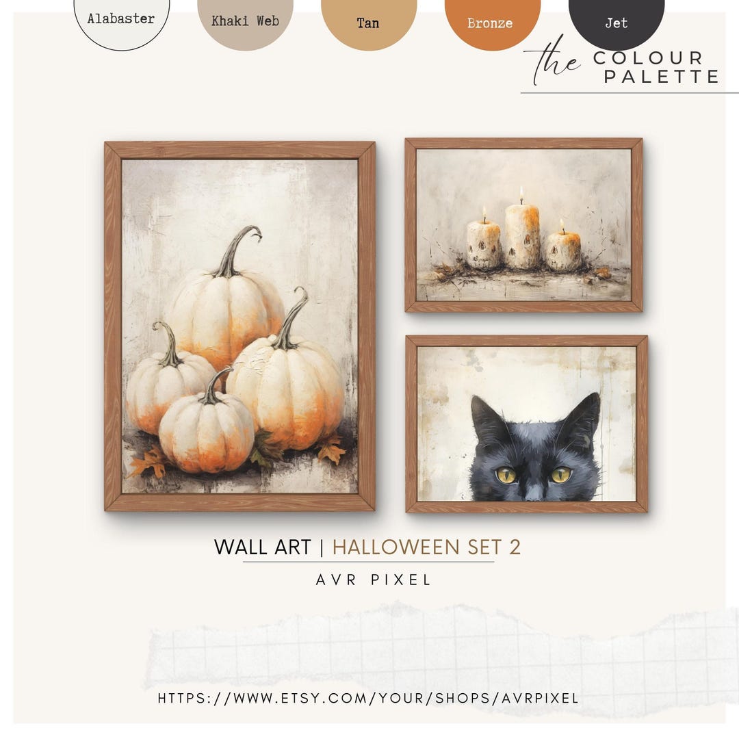Vintage Halloween Wall Art Set: Cat, Pumpkin & Candles view 2