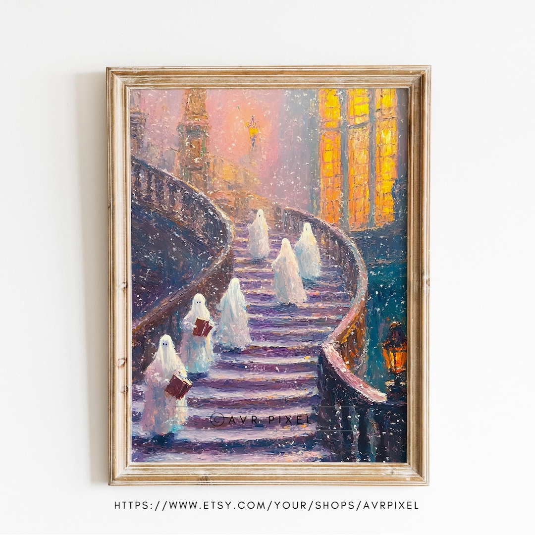 Spooky Haunted House Print: Gothic Halloween Staircase Decor