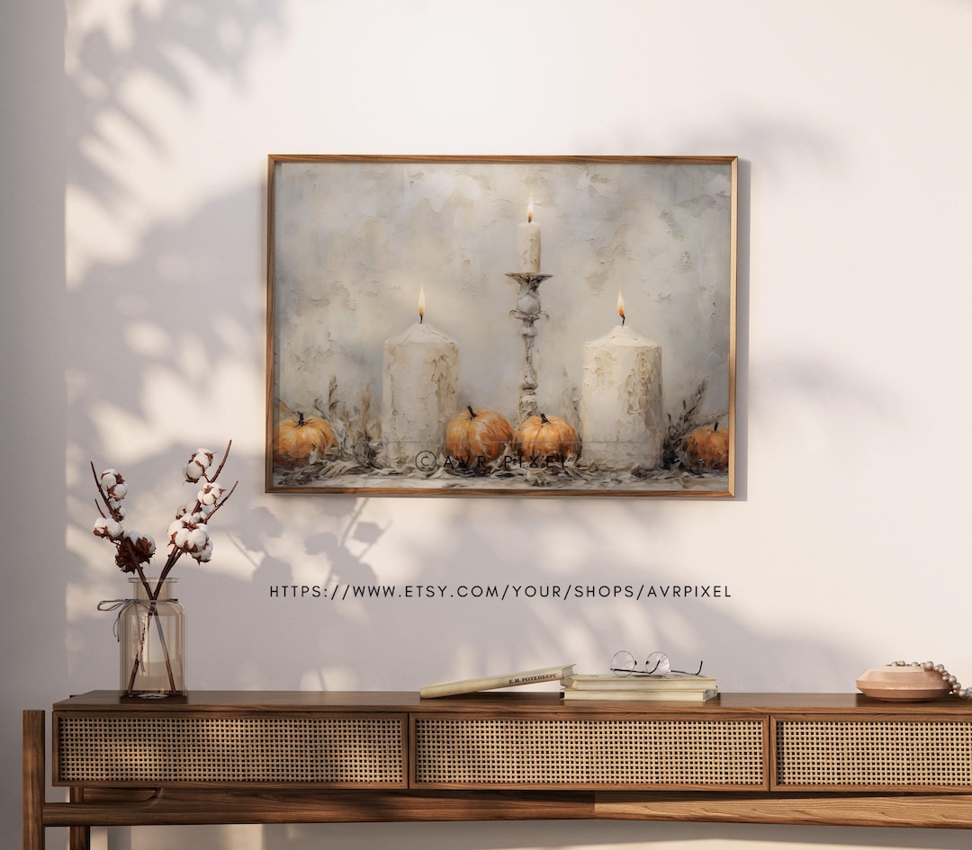 Cozy Fall Digital Print, Pumpkin and Candle, Rustic Neutral view 2