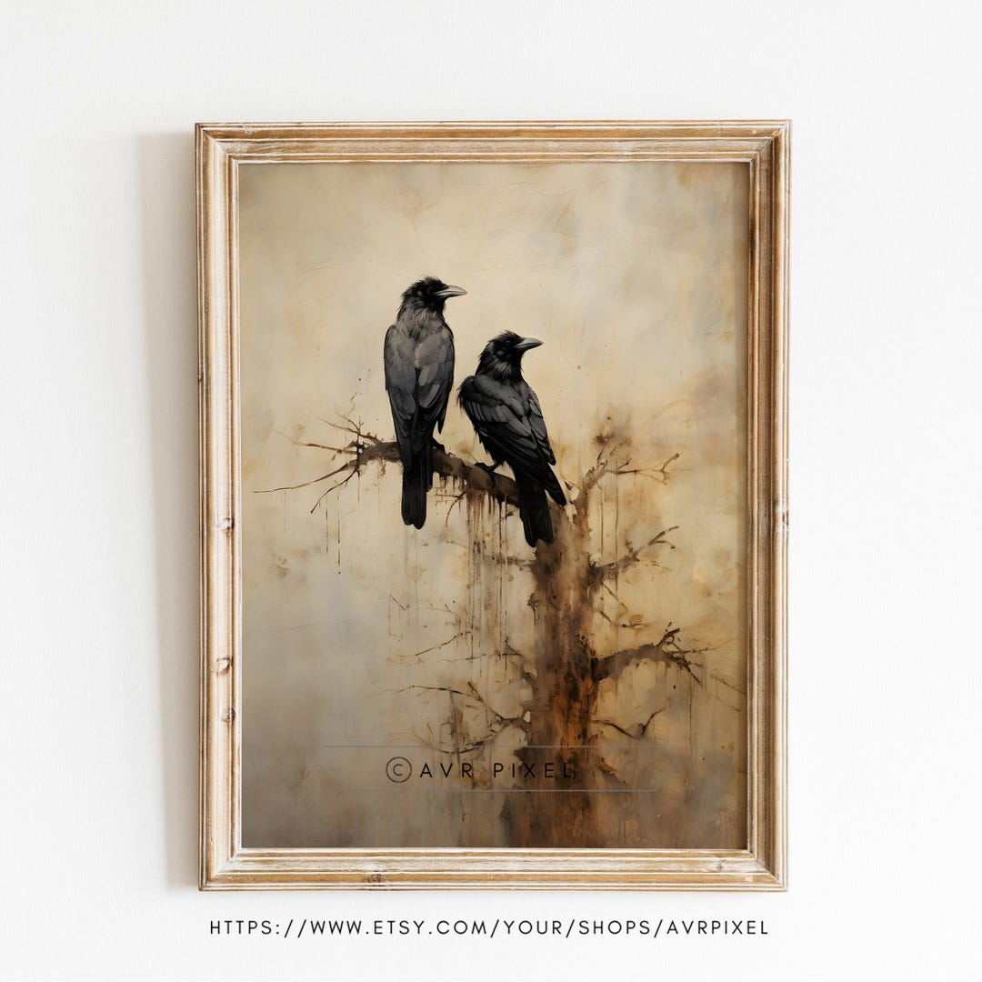 Halloween Wall Art: Vintage Crow Painting - Rustic Autumn Decor