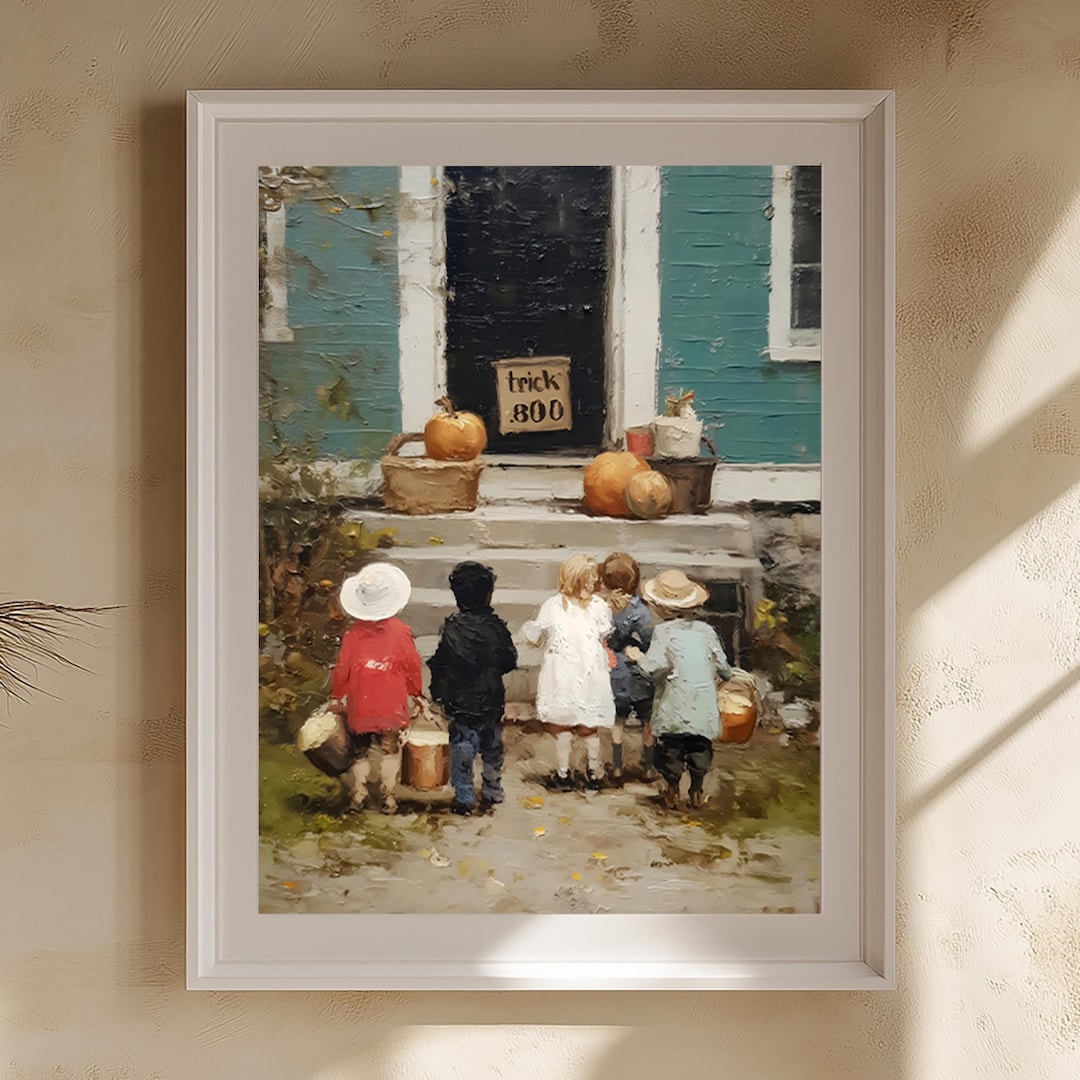 Classic Halloween Kids Painting: Vintage Trick or Treat Scene Art view 2