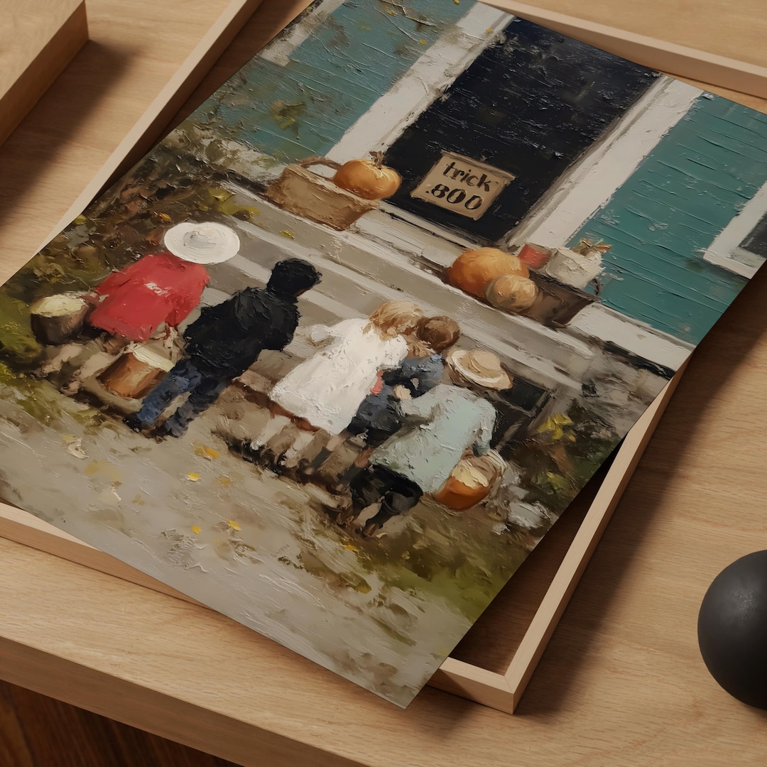 Classic Halloween Kids Painting: Vintage Trick or Treat Scene Art view 3