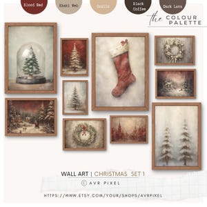 Bauernhaus-Weihnachts-Wandkunstdrucke | Gedämpftes rotes Weihnachtsdekor (Digitaler Download)