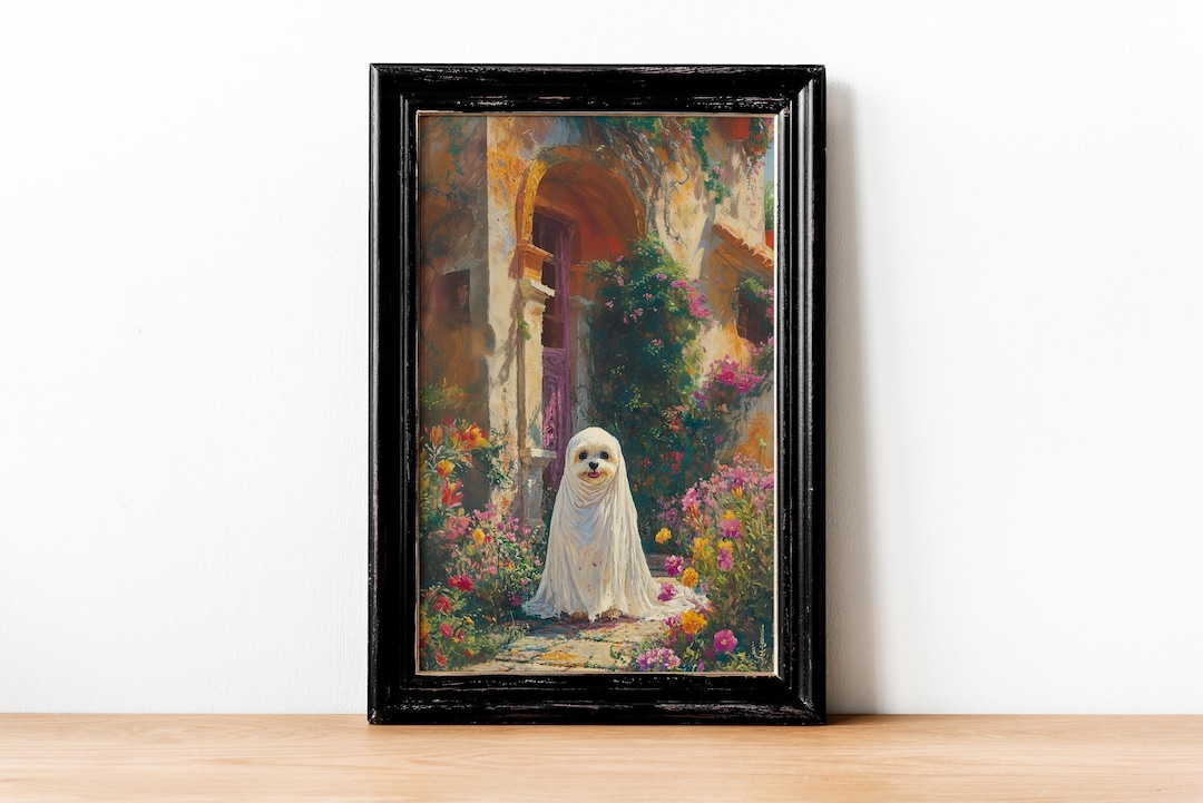 Whimsical Halloween Ghost Print - Vintage Floral Garden Scene view 2