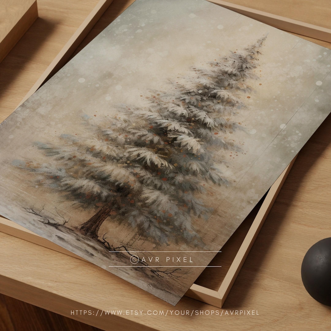 Vintage Farmhouse Christmas Tree Print: Rustic Holiday Art view 4