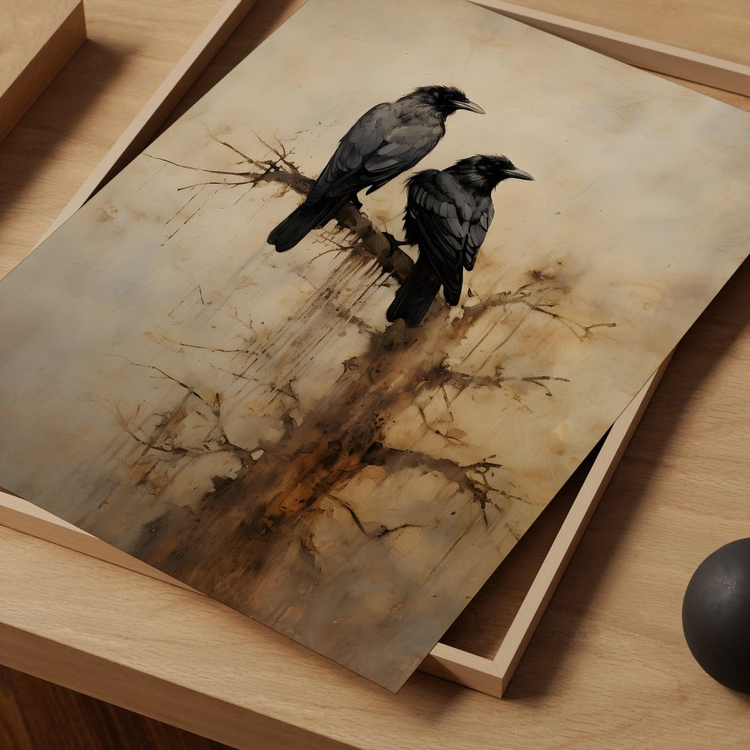Halloween Wall Art: Vintage Crow Painting - Rustic Autumn Decor view 2