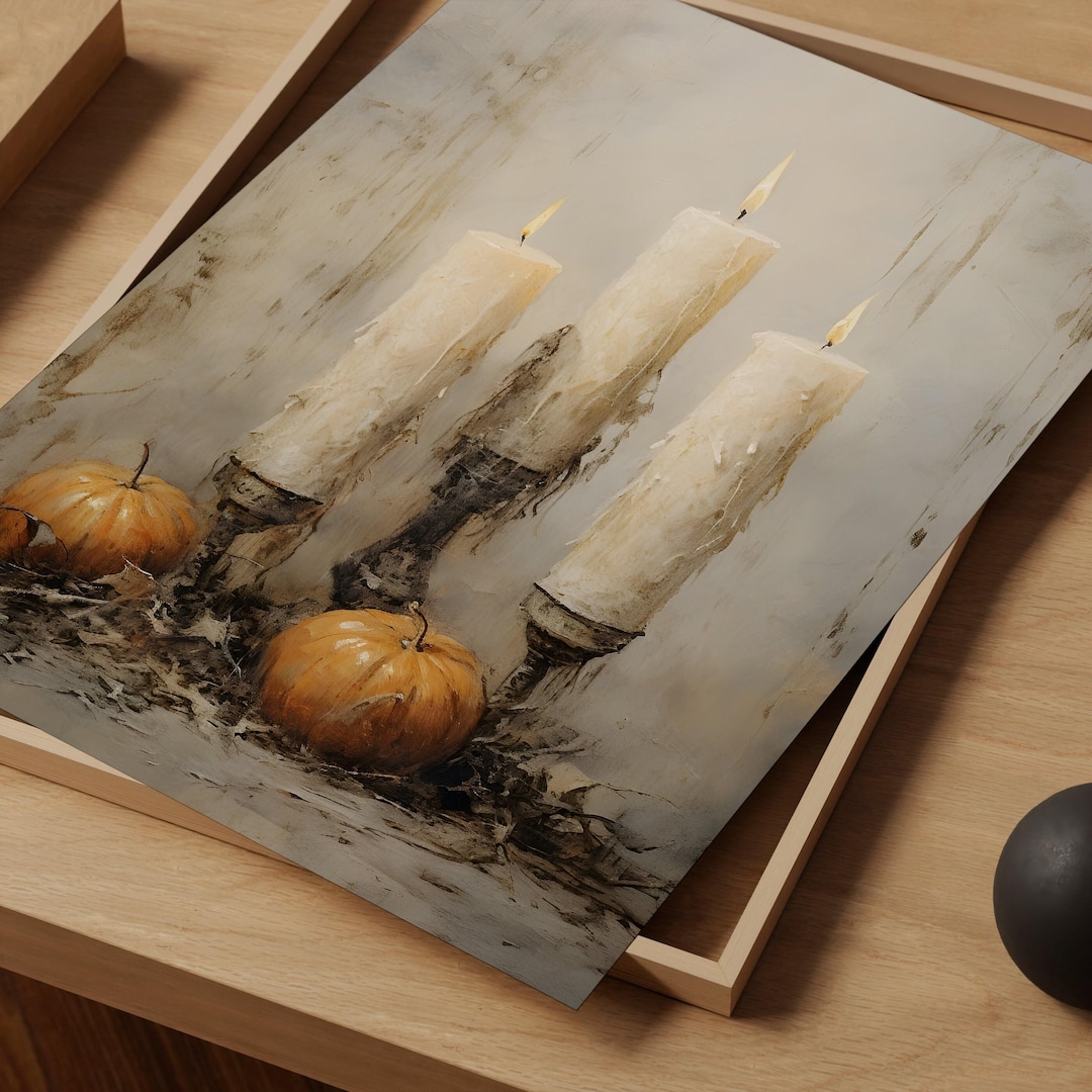 Halloween Wall Art: Three Lit Candles with Pumpkins - Warm Autumn Tones view 2