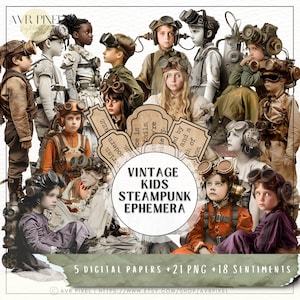 Ephemera Vintage Steampunk Bambini Gear Head | Digitale e Stampabile per Junk Journals, Materiali di Crafting Retro