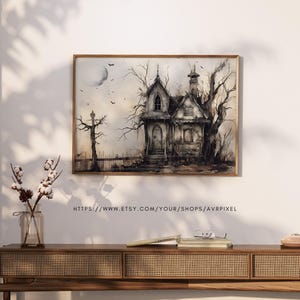 Halloween Wall Art | Haunted House Print | Festive Muted Colors PDF Download for Autumn Decor