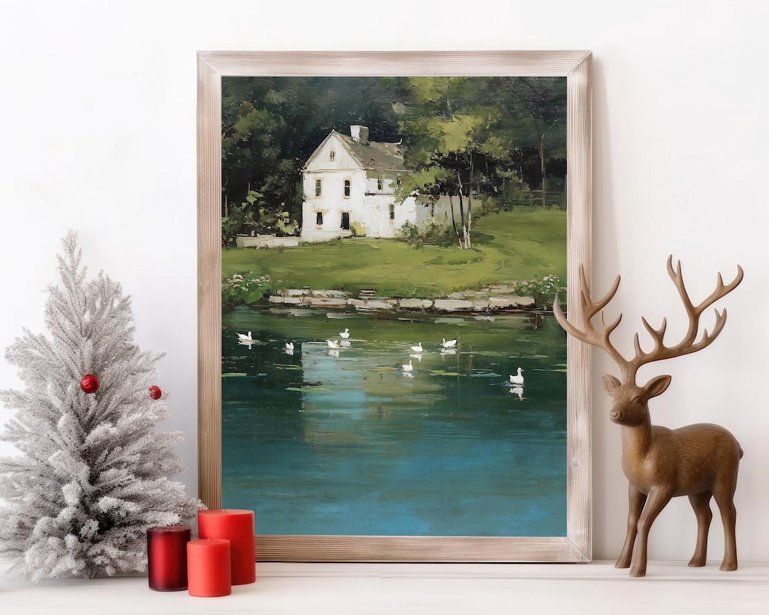 Vintage Lakeside House Painting view 2