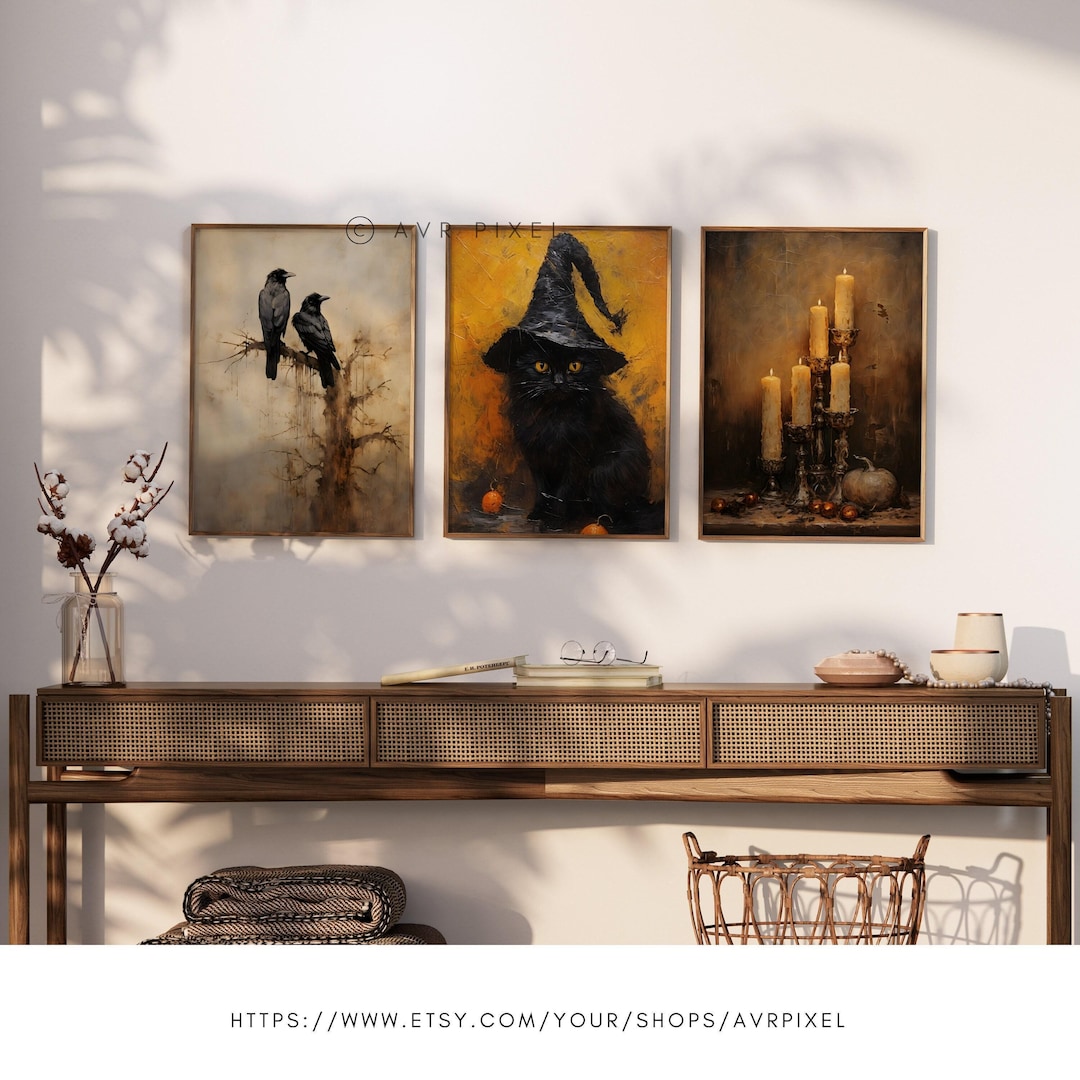 Halloween Wall Art: Muted Neutral Witch and Pumpkin Trio view 4