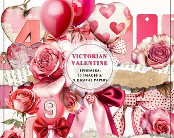 Victorian Valentine Ephemera Kit | Junk Journal Printable, Scrapbook Pack (PDF Download)