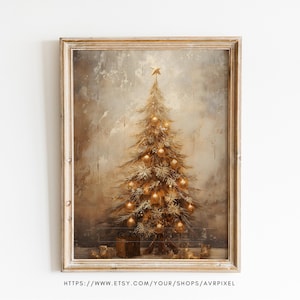 Arte de pared navideña, impresión de pino dorado, decoración vintage de vacaciones, decoración de pared de granja, arte invernal descargable