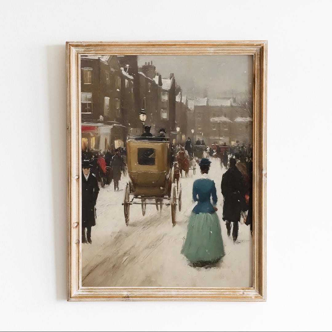 Vintage Winter City Street Painting: Snow Scene Art