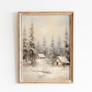 Arte de pared navideño vintage | Escena rústica de cabaña en el bosque nevado | Impresión de arte digital