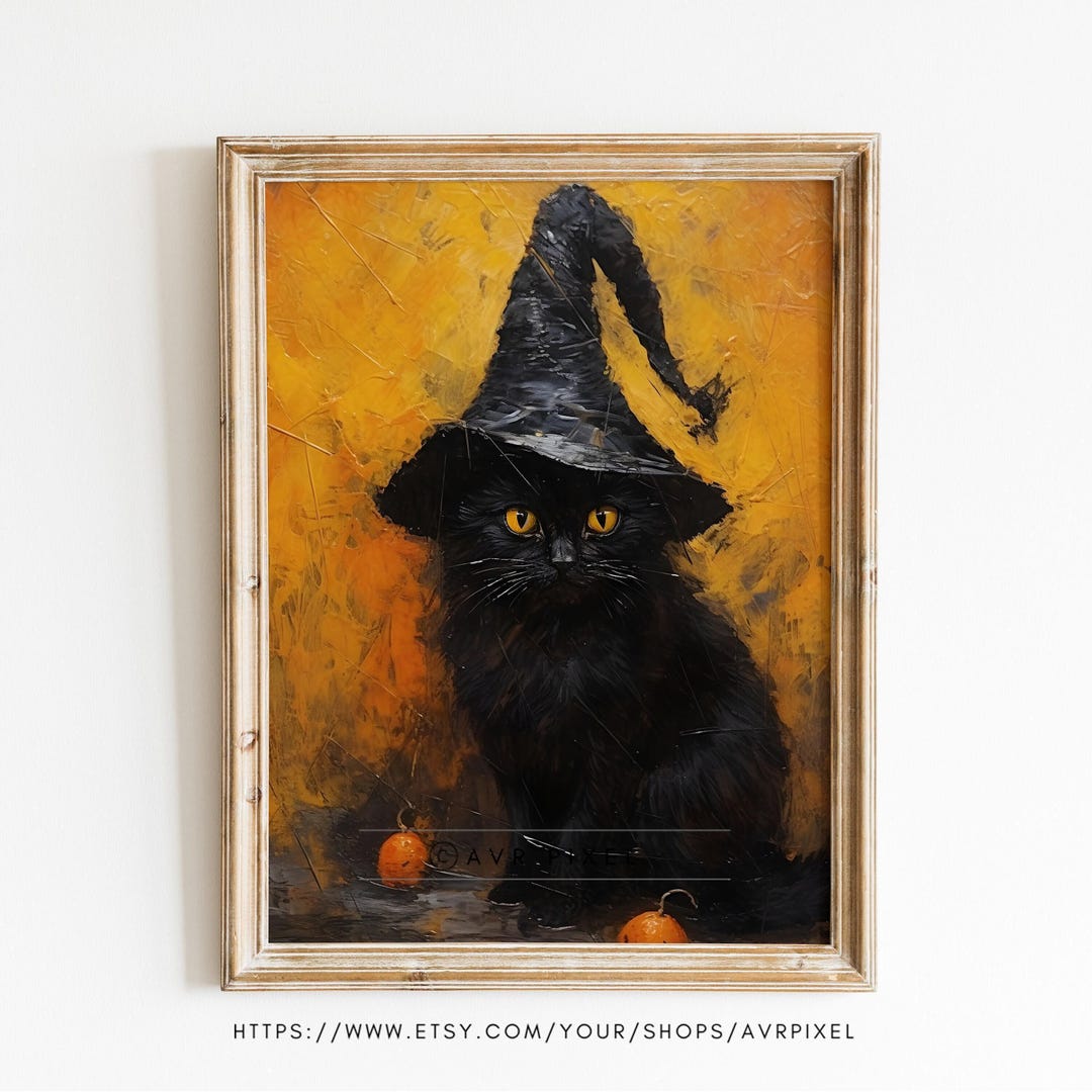 Vintage Black Cat Halloween Print, Witch Hat, Autumn Tones