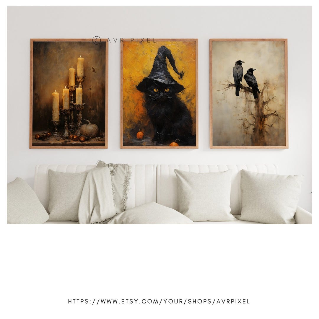 Halloween Wall Art: Muted Neutral Witch and Pumpkin Trio