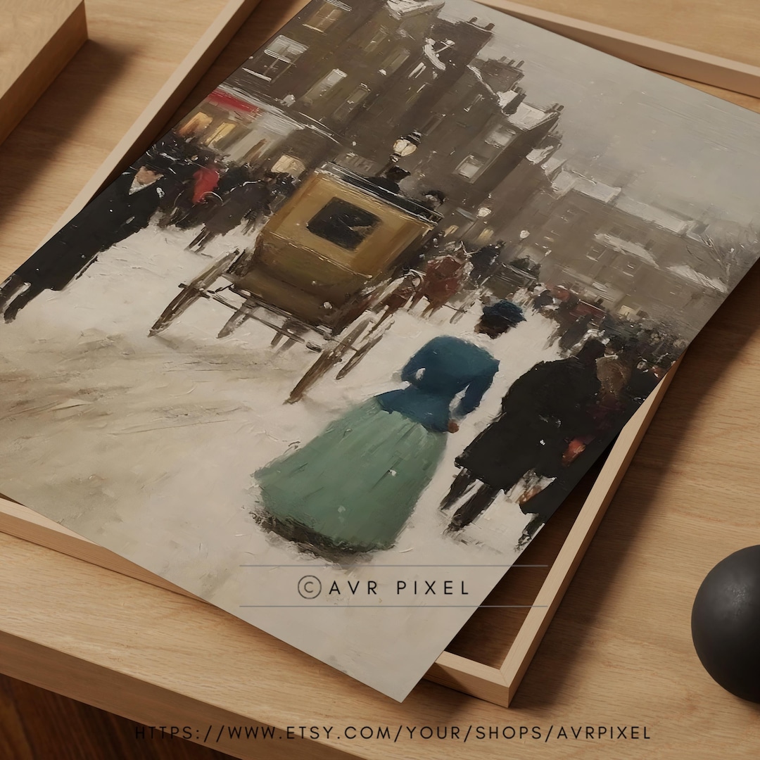 Vintage Winter City Street Painting: Snow Scene Art view 3