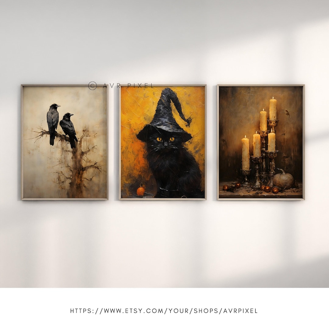 Halloween Wall Art: Muted Neutral Witch and Pumpkin Trio view 3