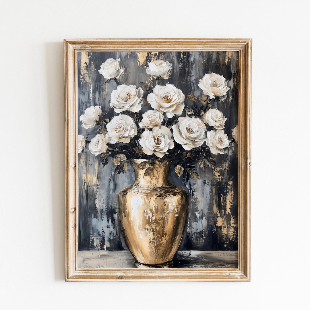 Vintage White Roses Gold Vase Painting