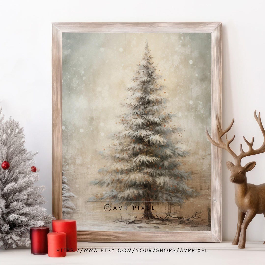 Vintage Farmhouse Christmas Tree Print: Rustic Holiday Art view 2