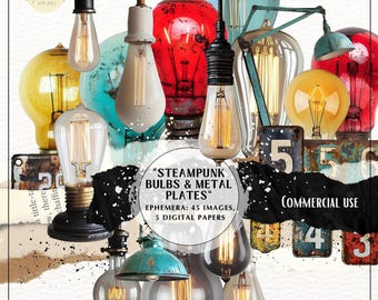 Ephemera-set voor steampunk | Victoriaanse gloeilampen, metalen platen clipart (digitale download)